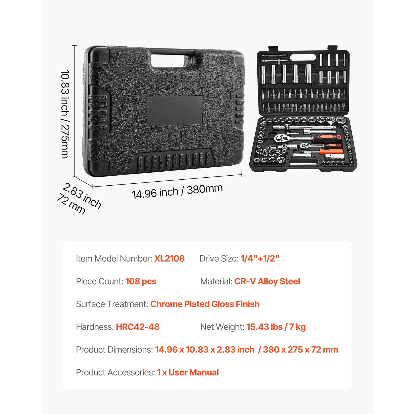 SucceBuy 86 Piece Socket Set SAE and Metric with Ratchet Wrench High Torque 6 Point CRV Alloy Steel-A