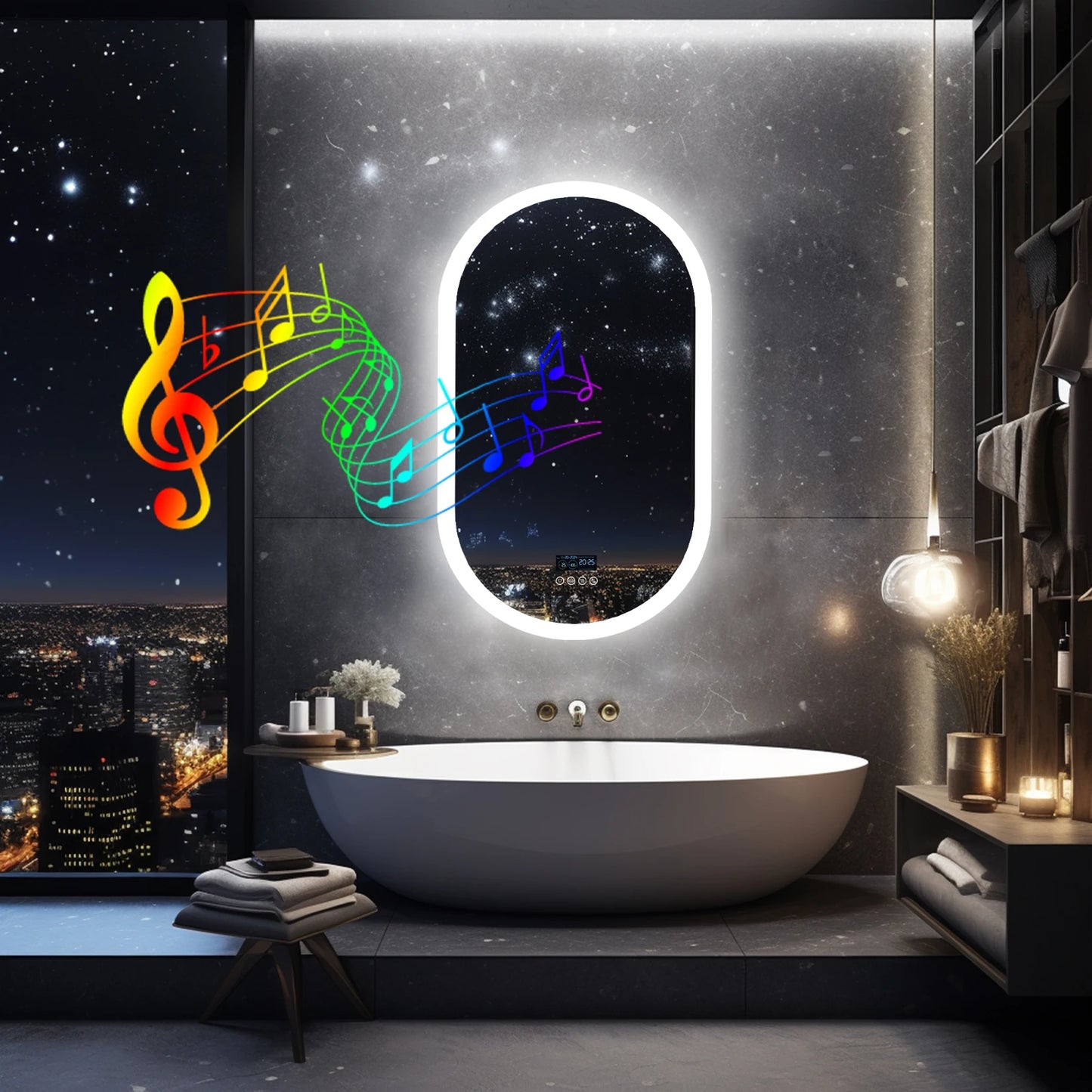 Oval LED Bathroom Mirror With Lights Anti Fog Bluetooth Speaker Dimmable 3 Color Temperature Levels Aluminum Frame-A