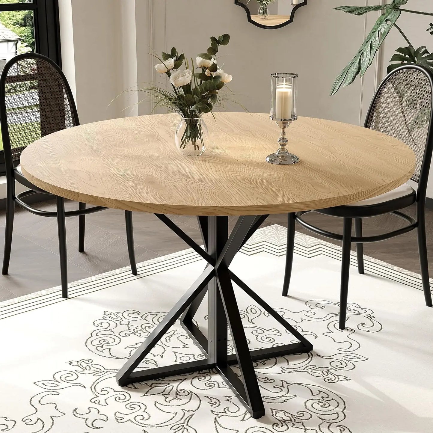 Twister CK Round Dining Table For Four With Wood Top And Metal Pedestal For Family Dinners And Games-A