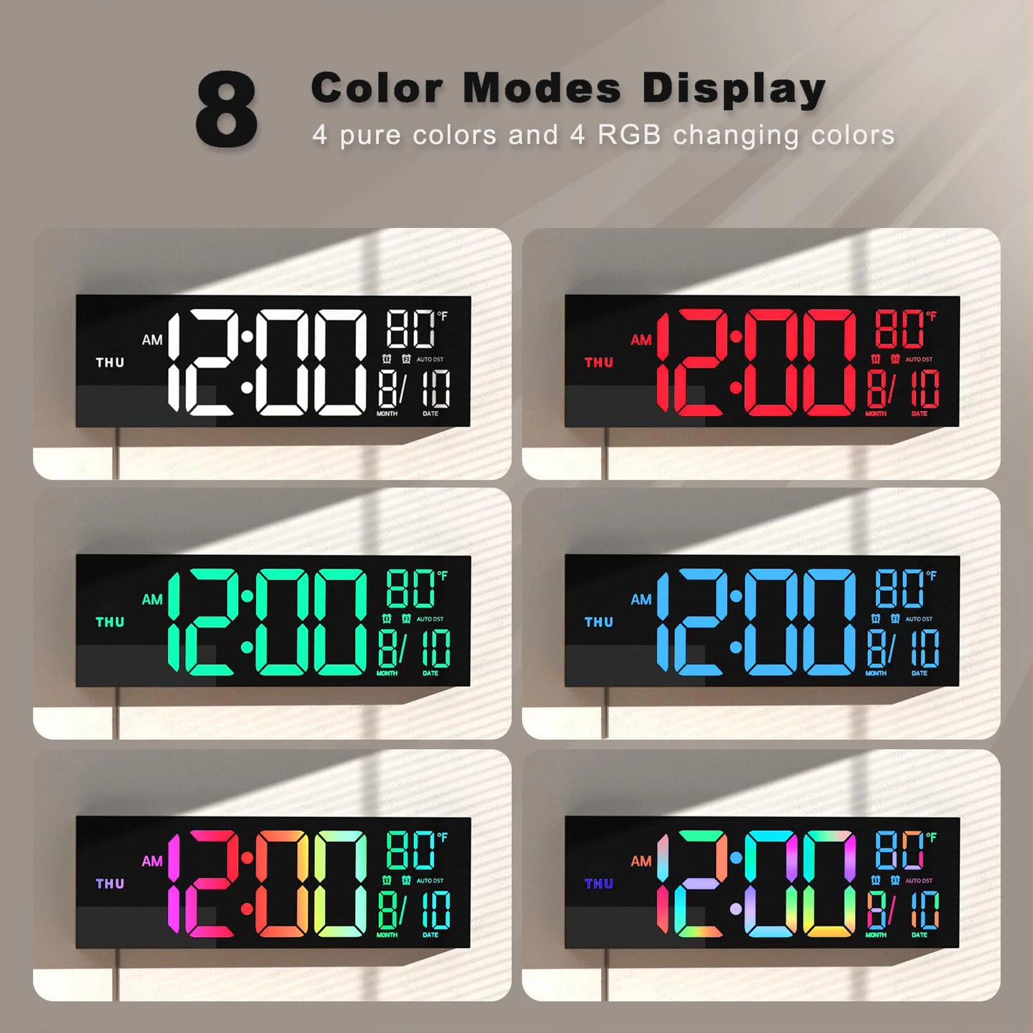 Digital Wall Clock With Large LED Display And Remote 16 Inch 9 Color Modes Night Light For Living Room-A