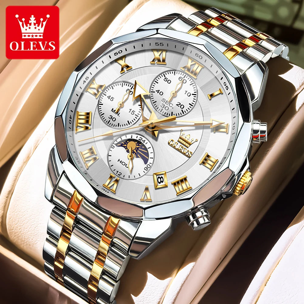 OLEVS Men's Chronograph Moonphase Watch Stainless Steel Waterproof With Quartz Movement Auto Date Full Calendar-A