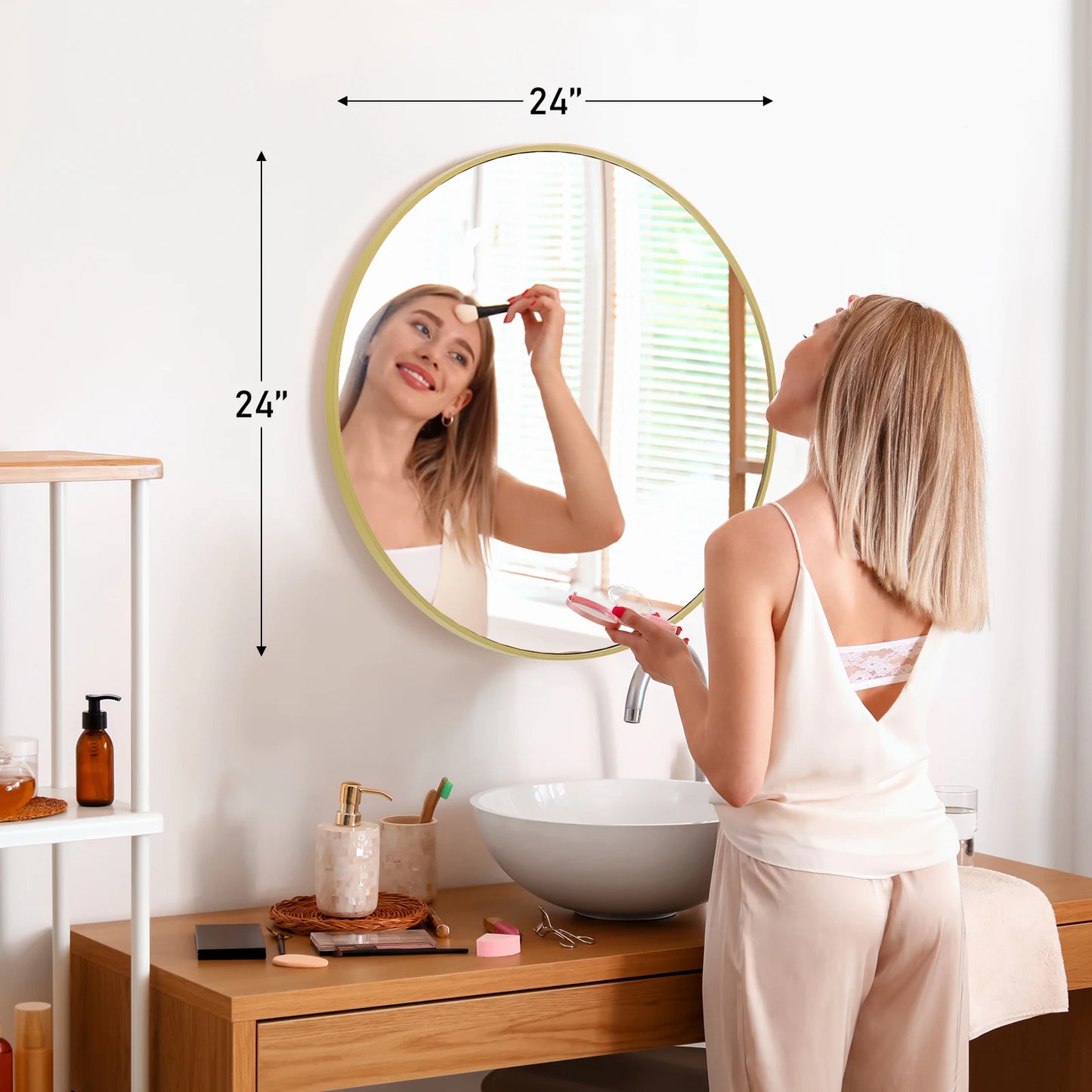 JHK Round Vanity Mirror With Matte Metal Frame Distortion Free Reflection Silver Plated Glass For Makeup And Grooming-A
