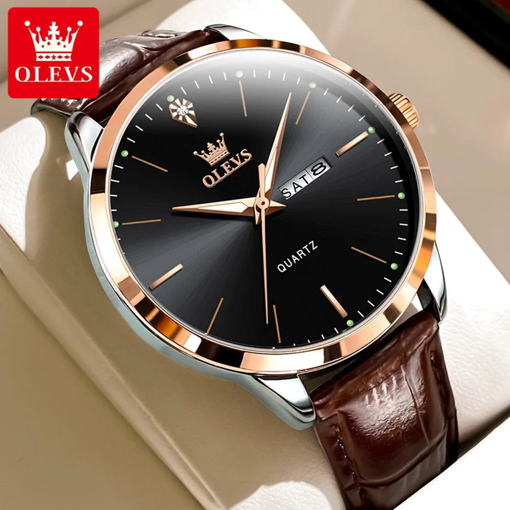OLEVS Men Quartz Watch With Dual Calendar Auto Date Leather Strap Water Resistant Luminous Hands-A