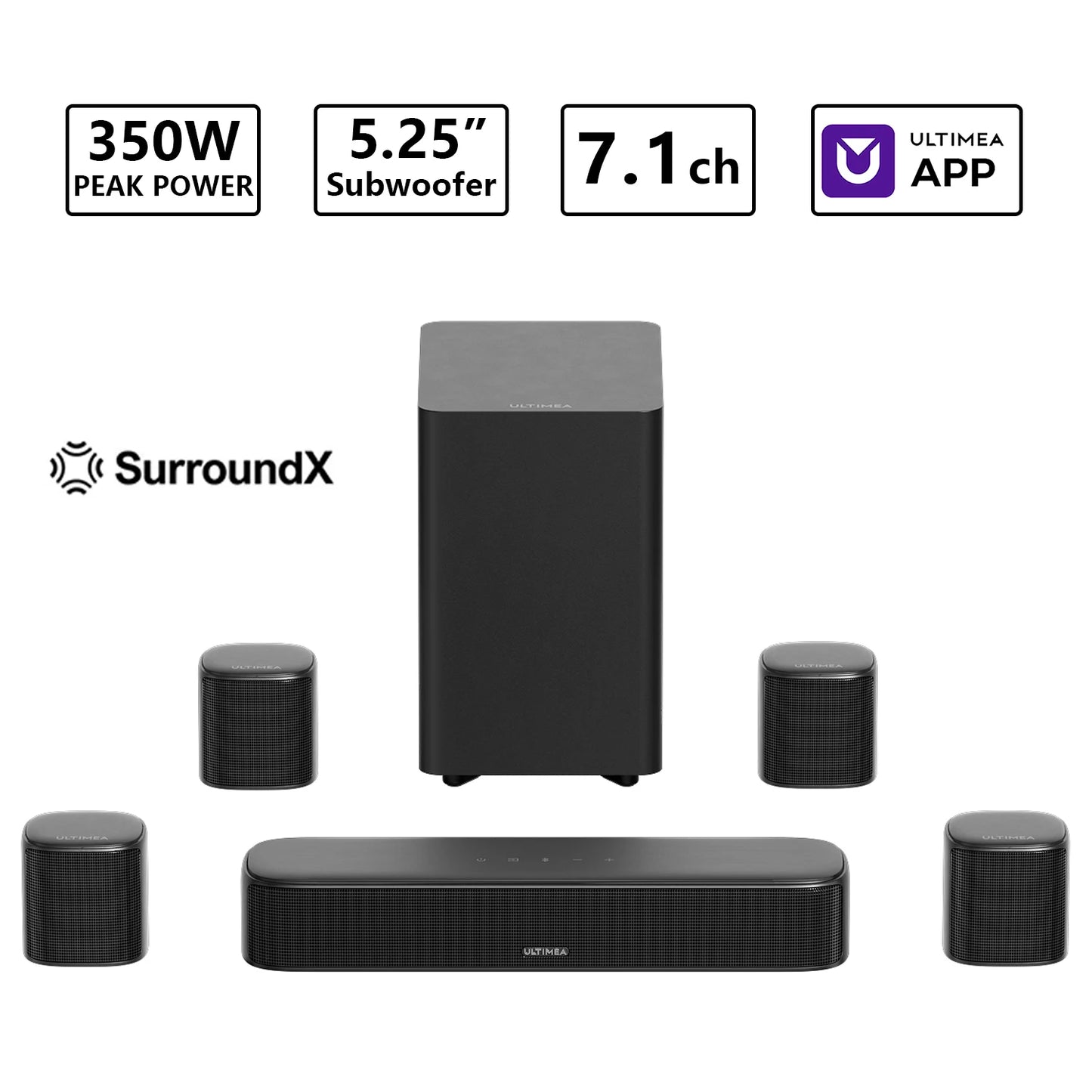 Ultimea 350W 7.1ch Virtual Surround Soundbar With Subwoofer And Smart App Control-A