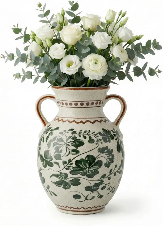Ceramic Vintage Vase Crackle Floral Double Handle Chinese Chinoiserie Decor