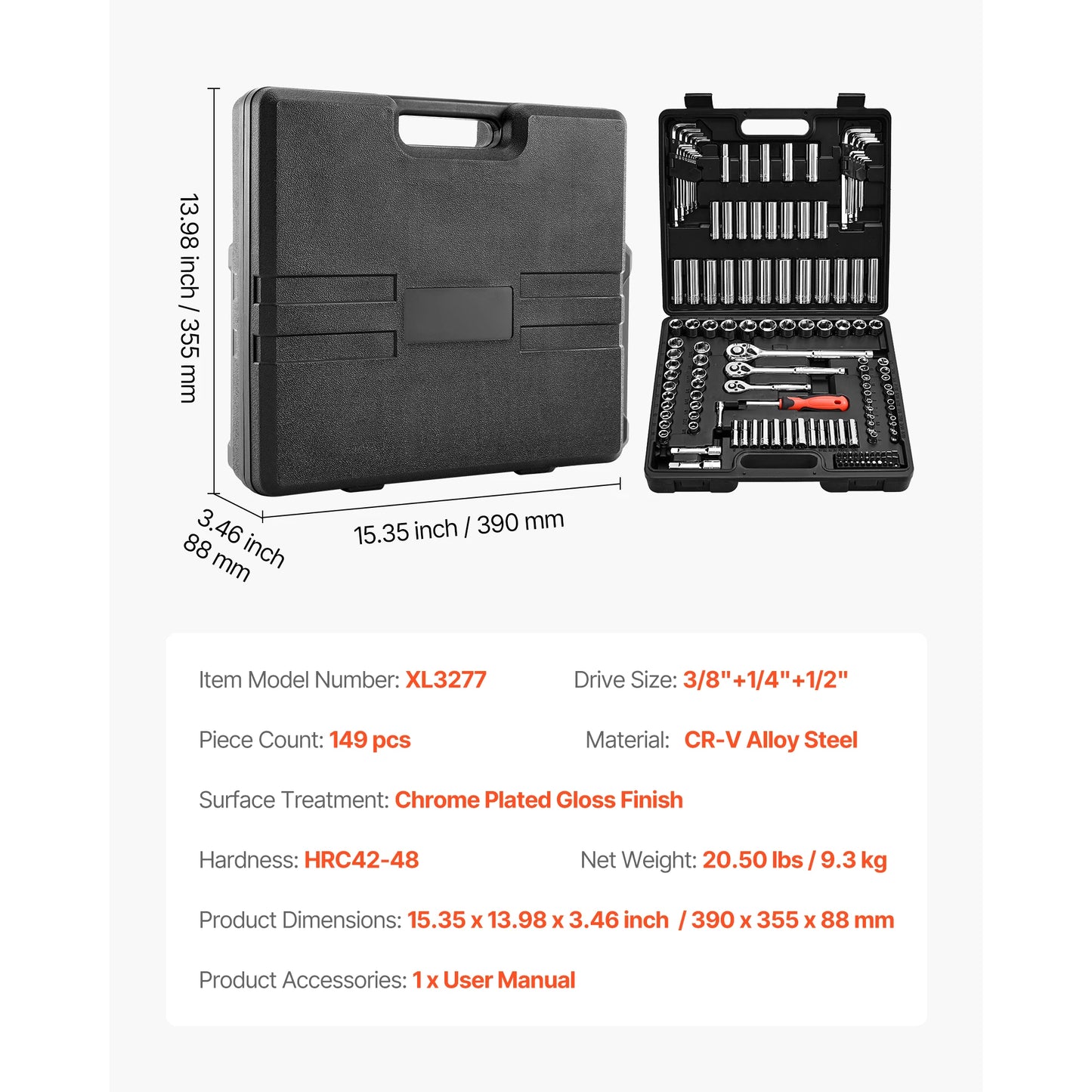 SucceBuy 86 Piece Socket Set SAE and Metric with Ratchet Wrench High Torque 6 Point CRV Alloy Steel-A