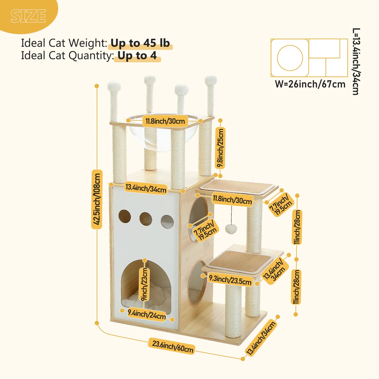 PETEPELA Modern Wooden Cat Tree Tower With Condo And Four Tiers Scratching Posts For Climbing And Lounging-A