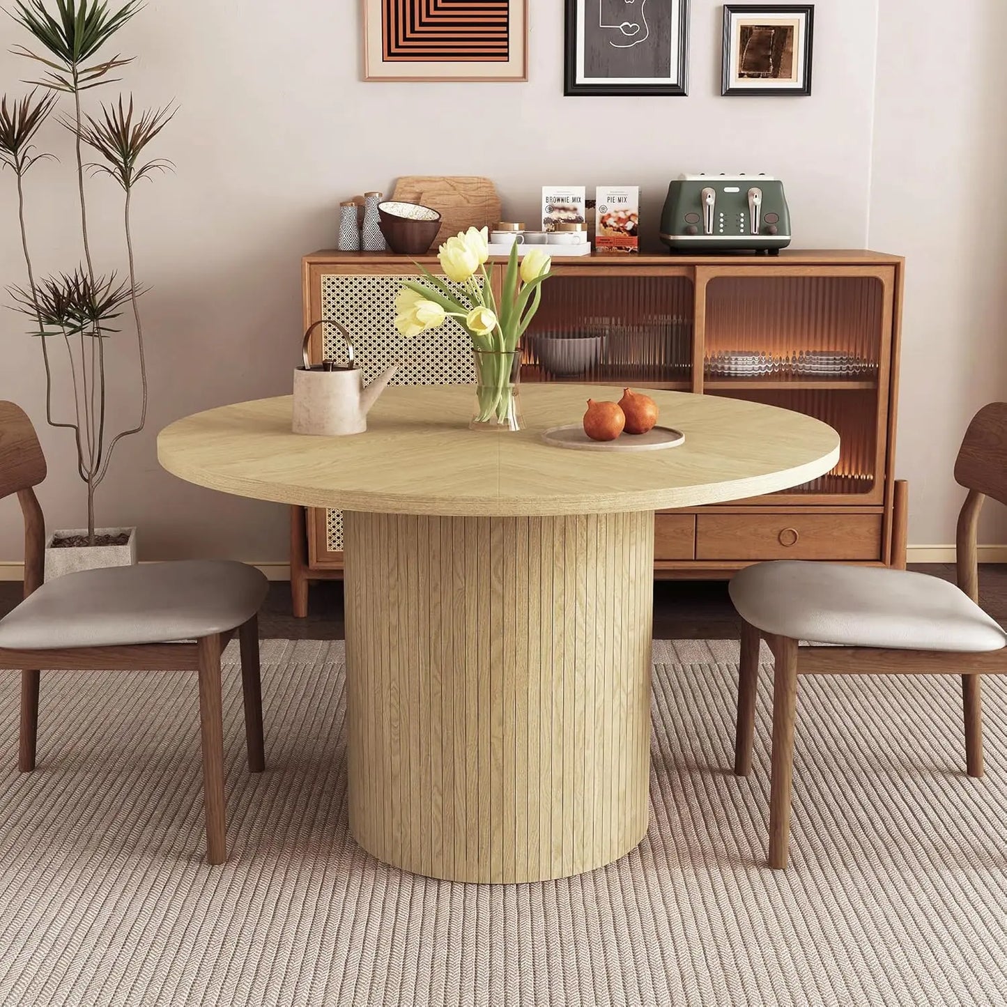 Extendable Round To Oval Dining Table With Hidden Storage Cabinet For Four To Six Guests Space Saving Modern Wood-A