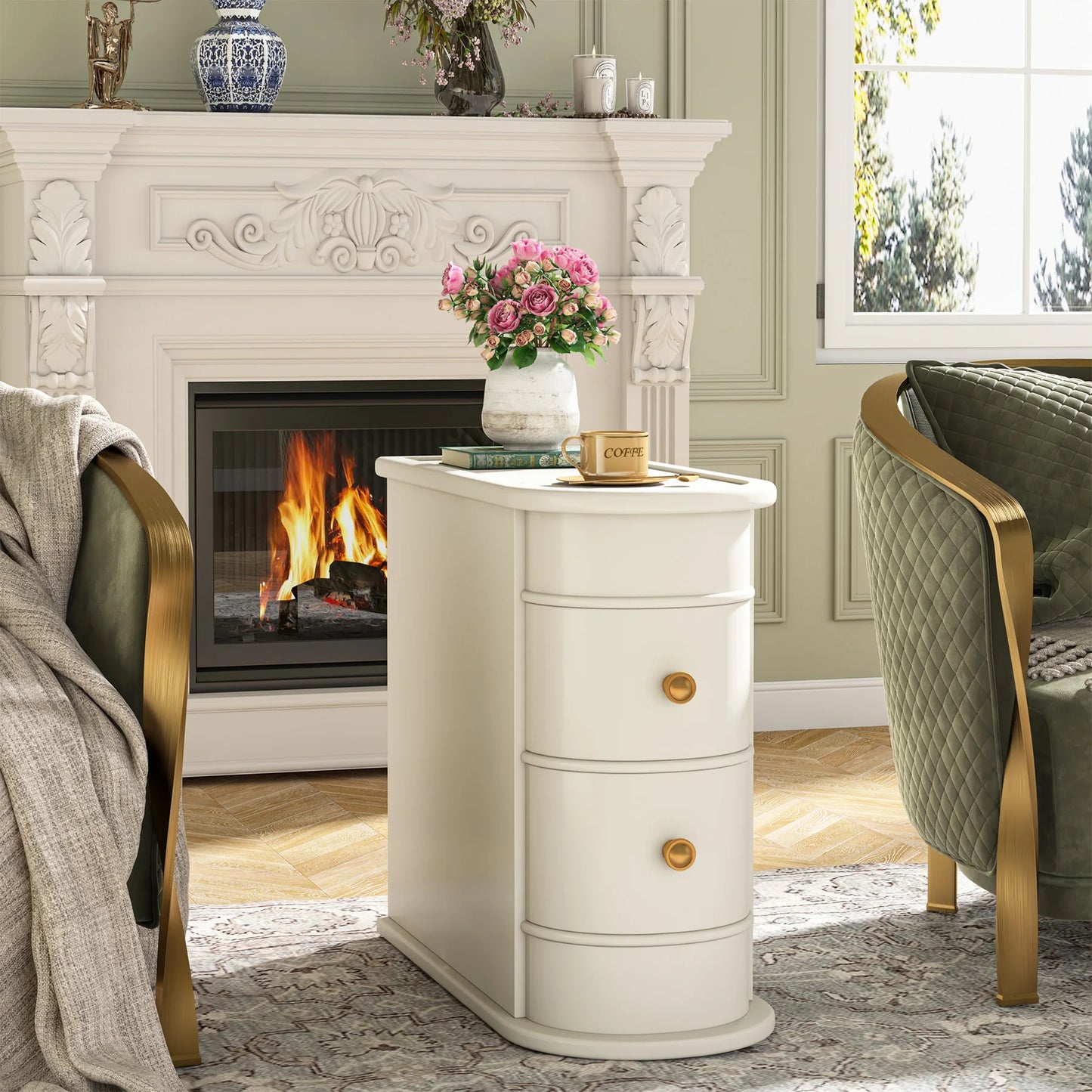 Tribesigns Round Solid Wood End Table With Two Sliding Drawers No Assembly Required Nightstand-A