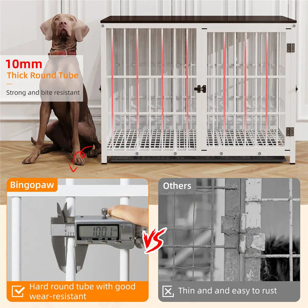 Bingopaw Heavy Duty Dog Kennel End Table Crate With Three Doors Built From Iron And MDF With Wood Tone Top-A
