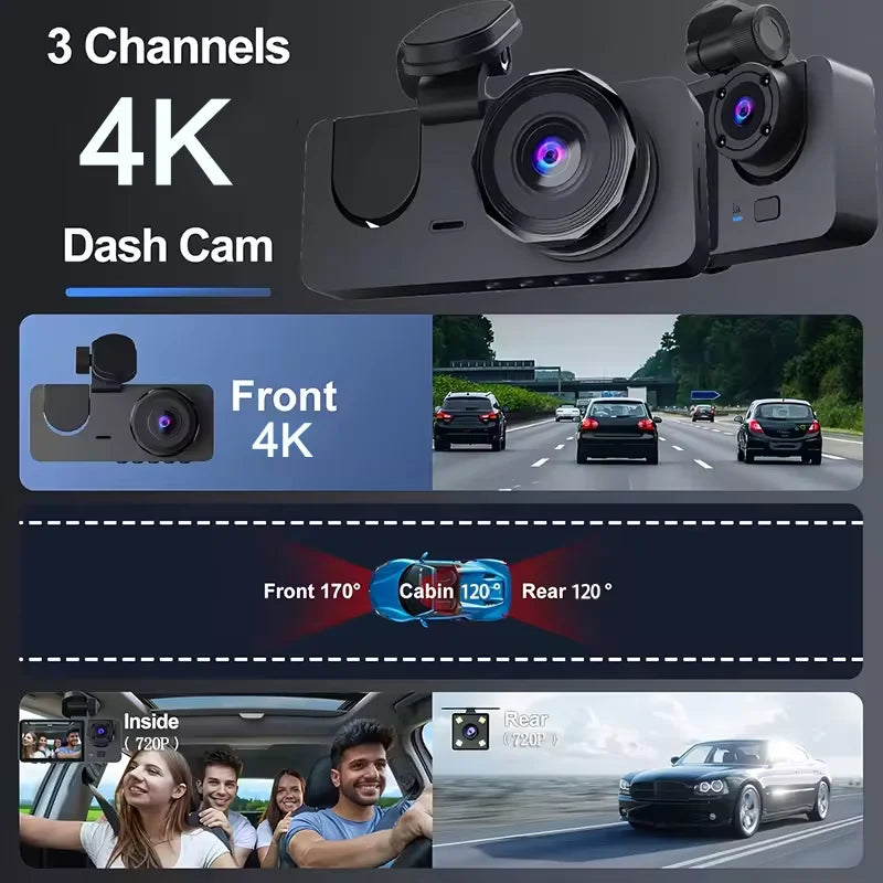 CZSKY 4K Dash Cam Car DVR Triple Channel Front Interior Rear Night Vision With Wide Angle Coverage And Loop Recording-A