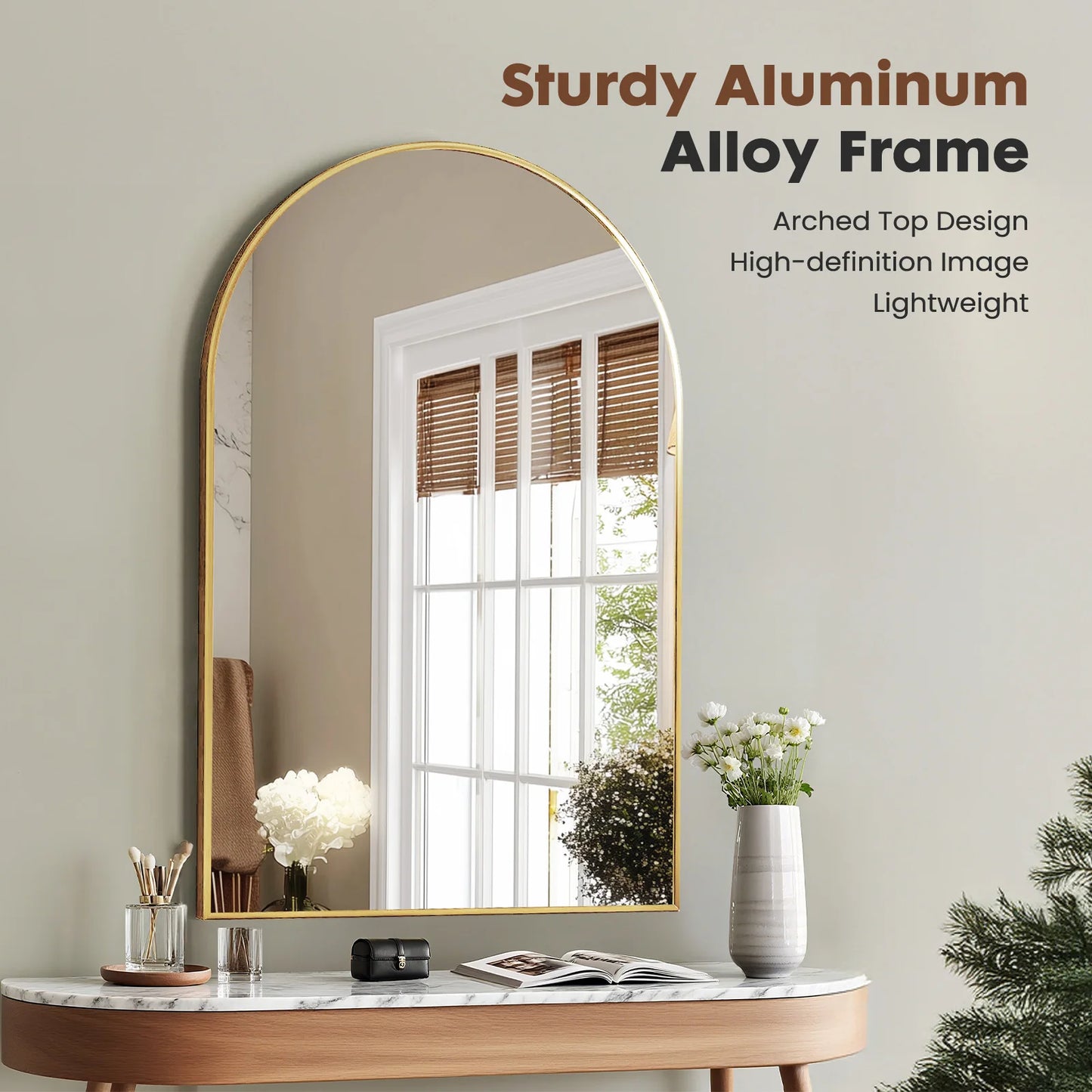 JHK Arched Metal Framed Bathroom Mirror with HD Shatterproof Glass for Wall Decor-A