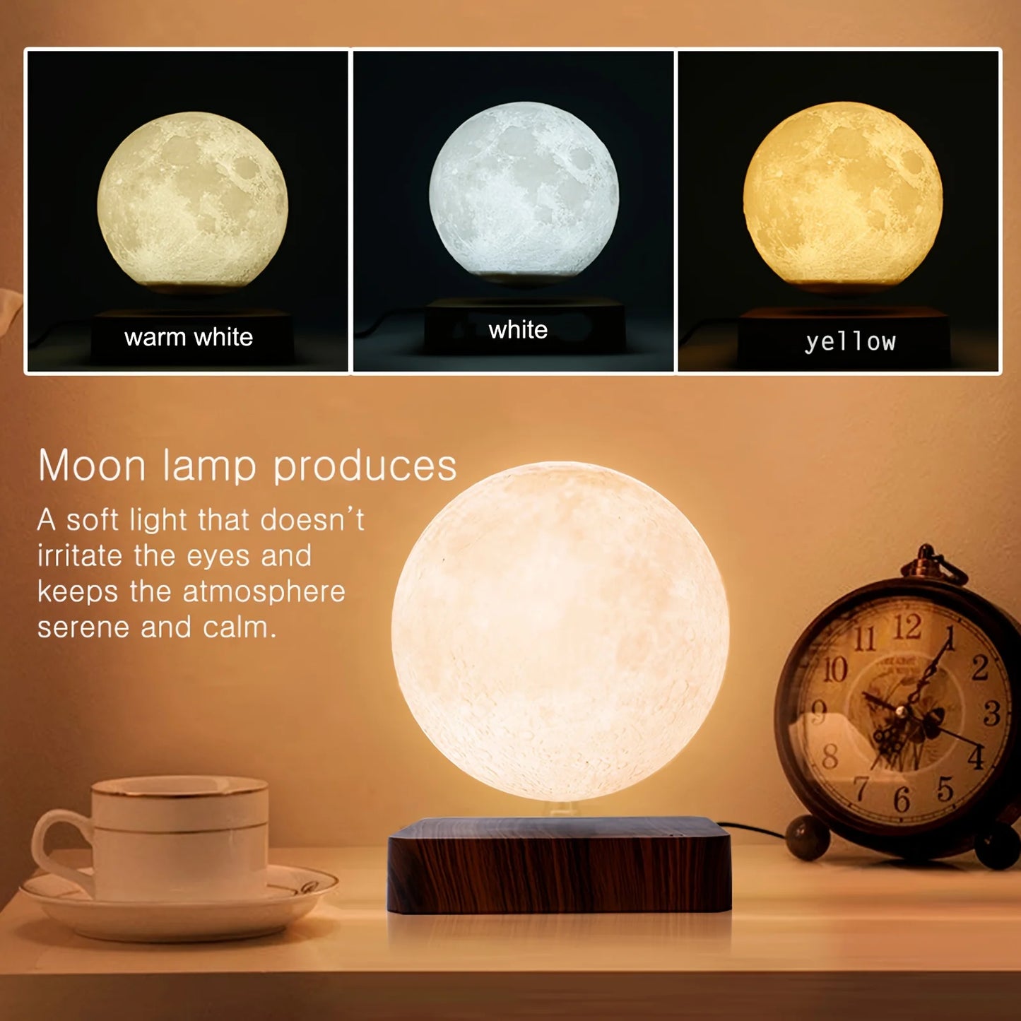 Mexllex Magnetic Floating Moon Lamp With Wooden Base And Three Color LED Lights That Rotates Freely-A