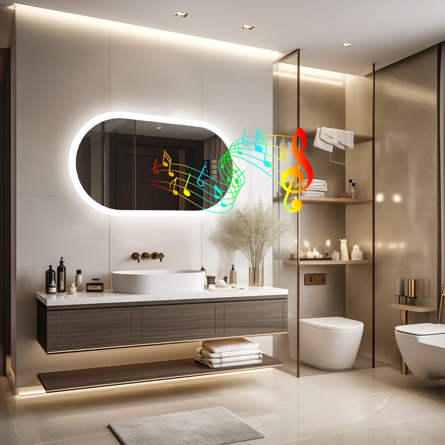 Oval LED Bathroom Mirror With Lights Anti Fog Bluetooth Speaker Dimmable 3 Color Temperature Levels Aluminum Frame-A