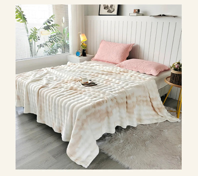 KDV Gradient Bubble Fleece Throw Blanket Plush Faux Rabbit Fur Knit Coral Fleece Texture-A