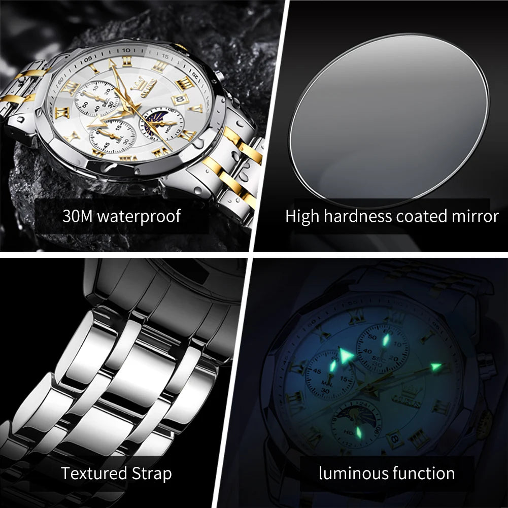 OLEVS Men's Chronograph Moonphase Watch Stainless Steel Waterproof With Quartz Movement Auto Date Full Calendar-A