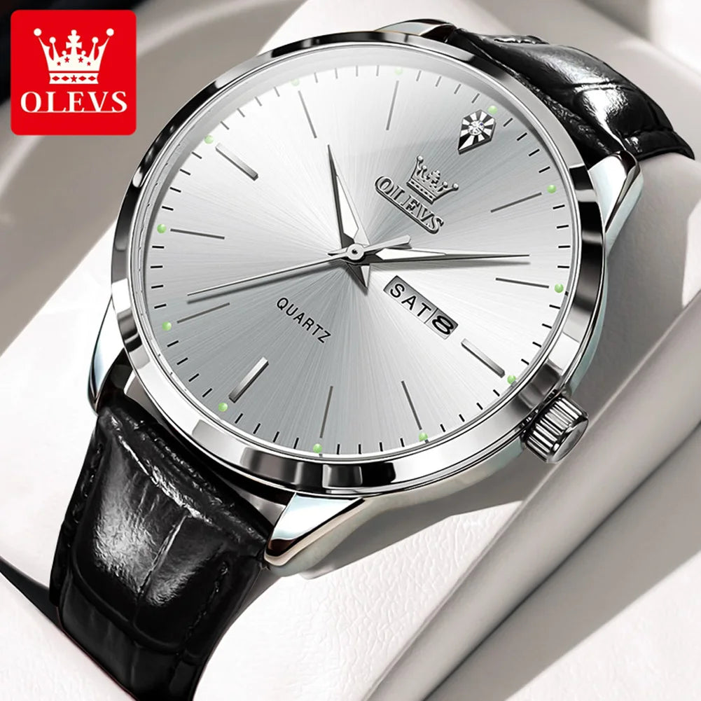 OLEVS Men Quartz Watch With Dual Calendar Auto Date Leather Strap Water Resistant Luminous Hands-A