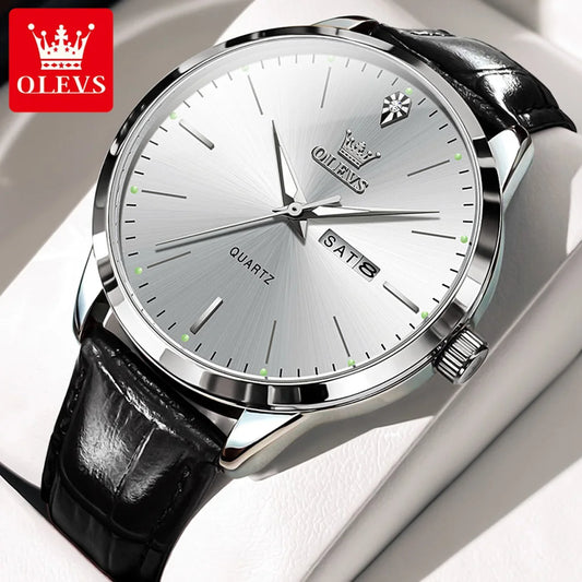 OLEVS Men Quartz Watch Dual Calendar Leather Strap Waterproof Luminous