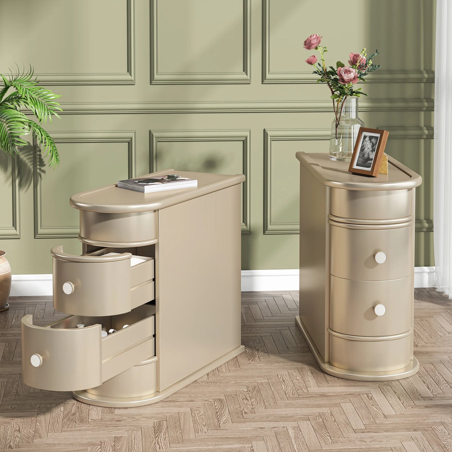 Tribesigns Round Solid Wood End Table With Two Sliding Drawers No Assembly Required Nightstand-A