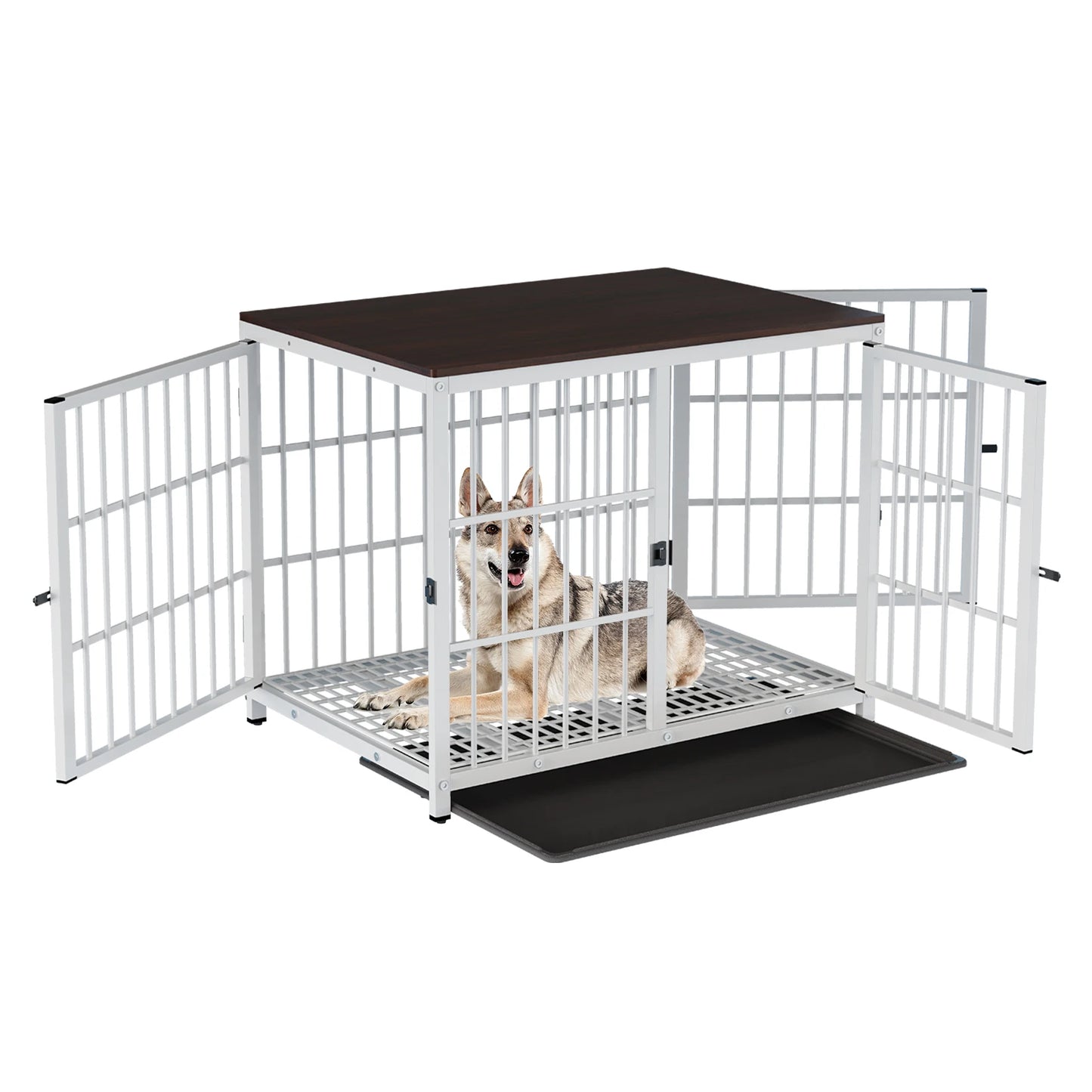 Bingopaw Heavy Duty Dog Kennel End Table Crate With Three Doors Built From Iron And MDF With Wood Tone Top-A