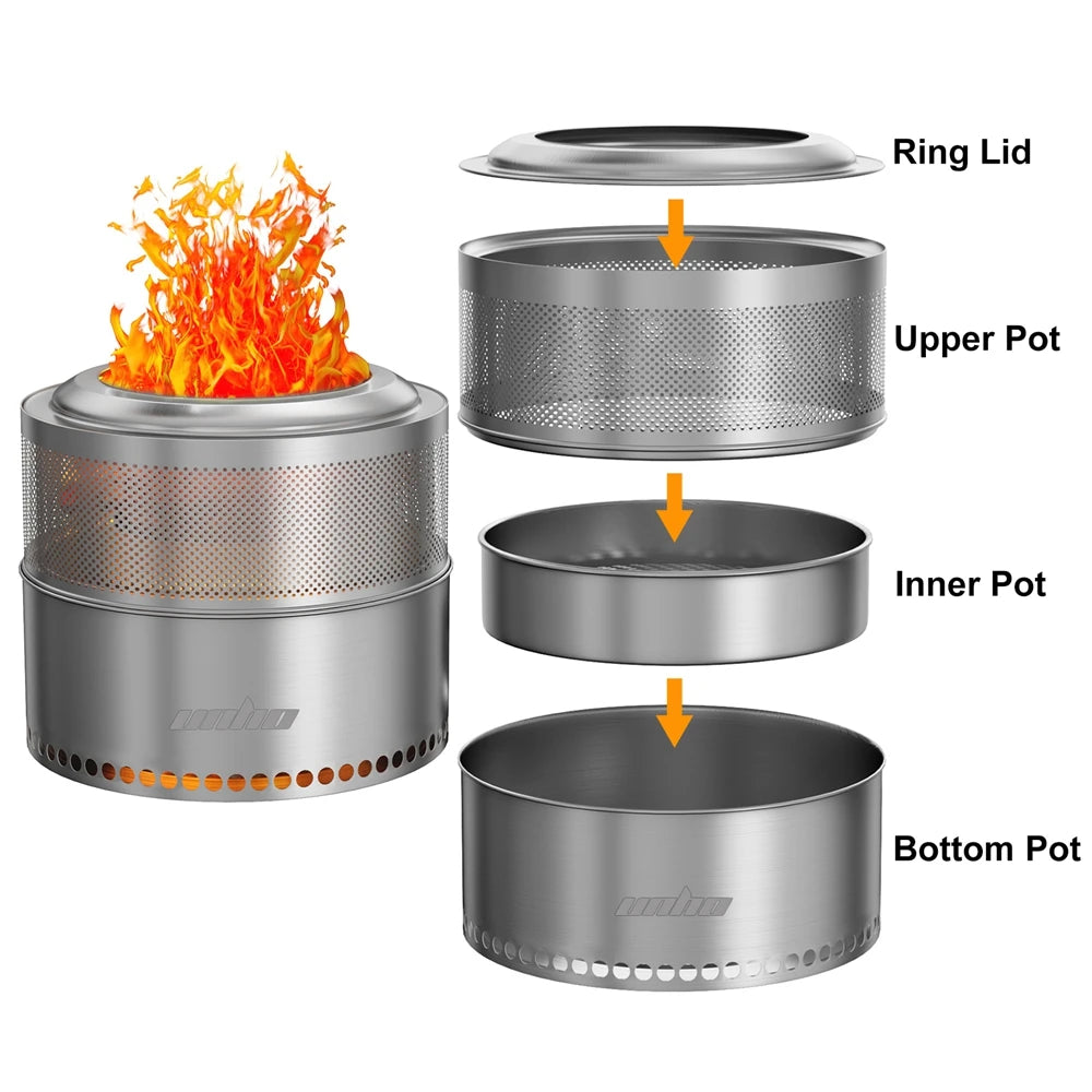 UNHO Smokeless Outdoor Wood Burning Fire Pit Portable Stainless Steel Perforated Design For Airflow-A