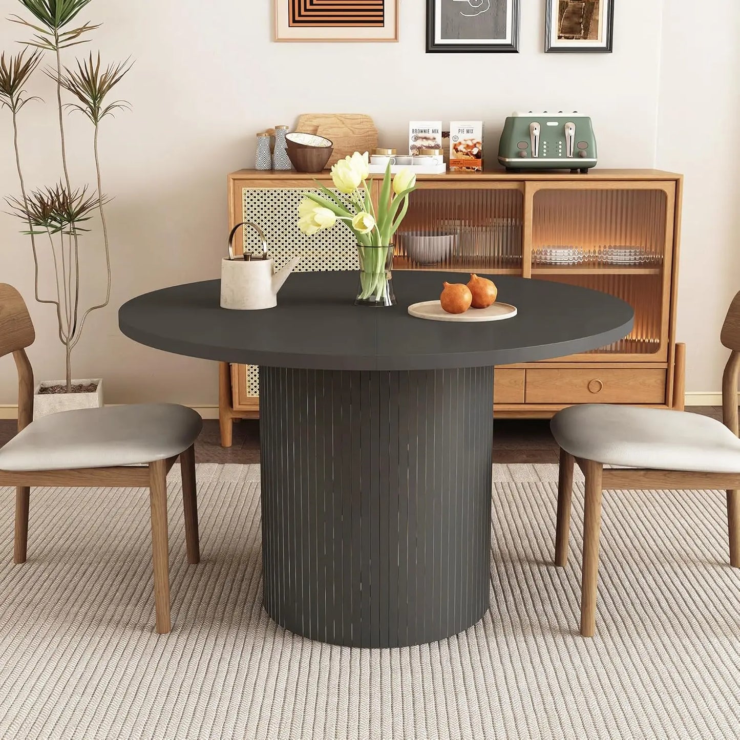 Extendable Round To Oval Dining Table With Hidden Storage Cabinet For Four To Six Guests Space Saving Modern Wood-A