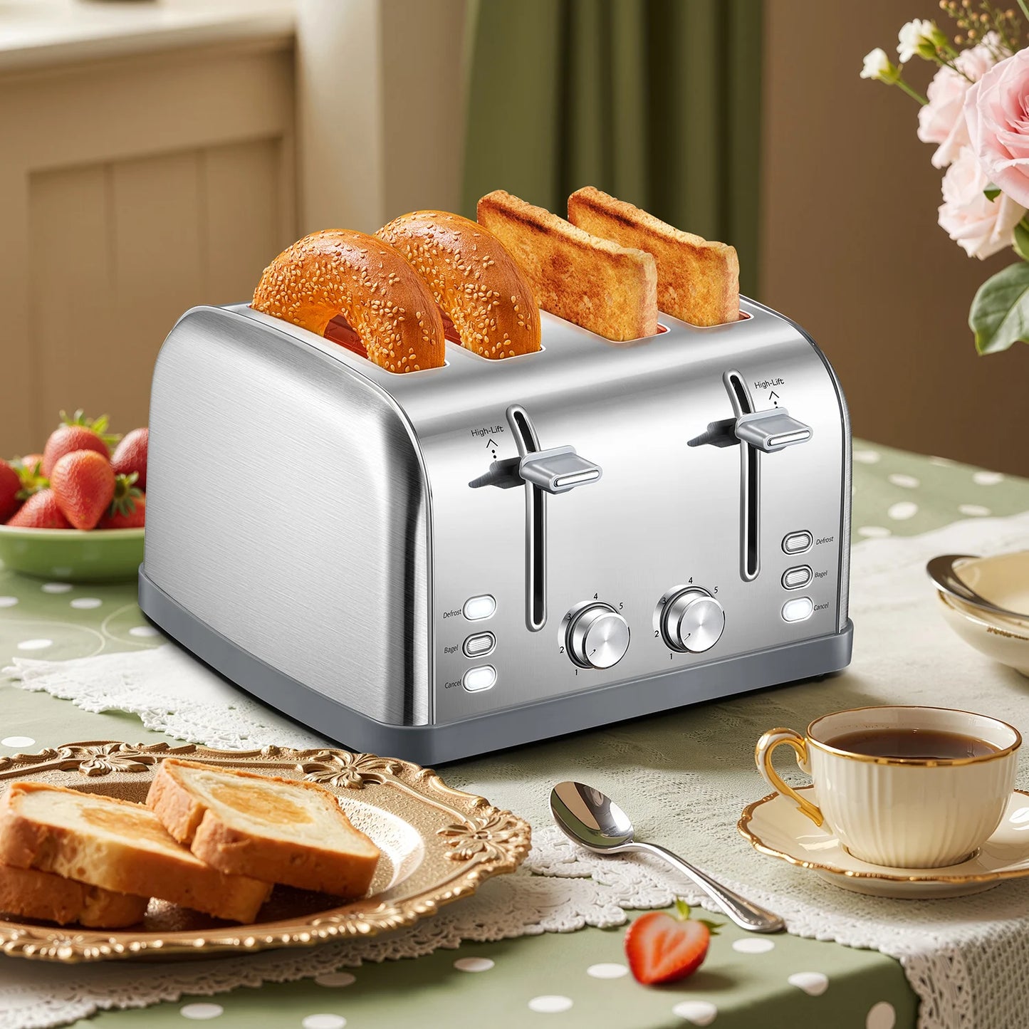 4 Slice Stainless Steel Toaster With Extra Wide Slots 1800W Dual Independent Browning Control-A