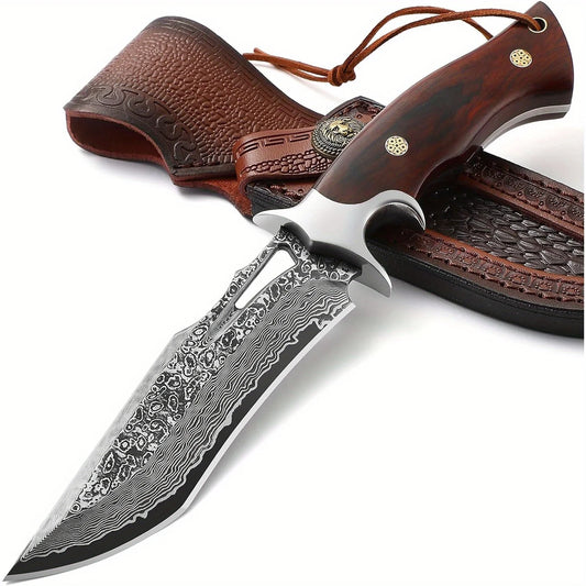 Damascus Fixed Blade Knife With Wooden Handle And Leather Scabbard