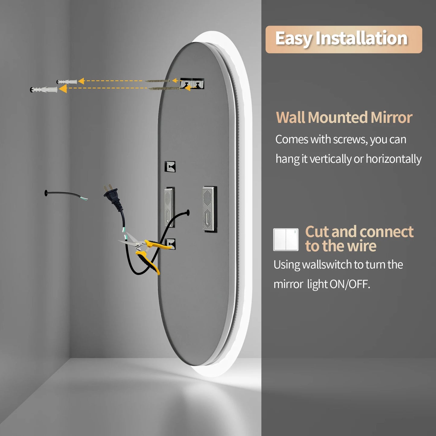 Oval LED Bathroom Mirror With Lights Anti Fog Bluetooth Speaker Dimmable 3 Color Temperature Levels Aluminum Frame-A