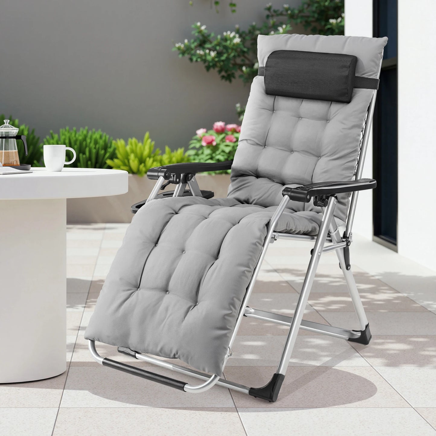 Zero Gravity Recliner Folding Outdoor Lounge Chair With Cup Holder Trays Sturdy Metal Frame Supports 440 Lbs For Camping-A