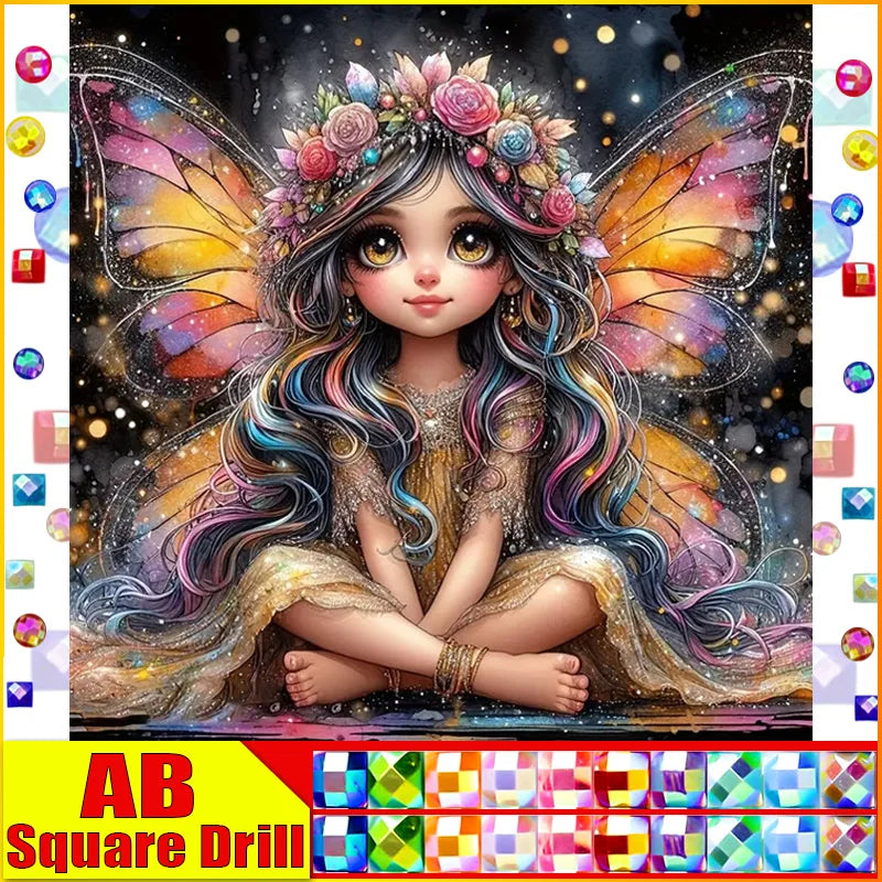 DiaPai Fairy Dust 5D Diamond Painting Kit A Girl With Star Wings Resin Drills Sparkling Art-A