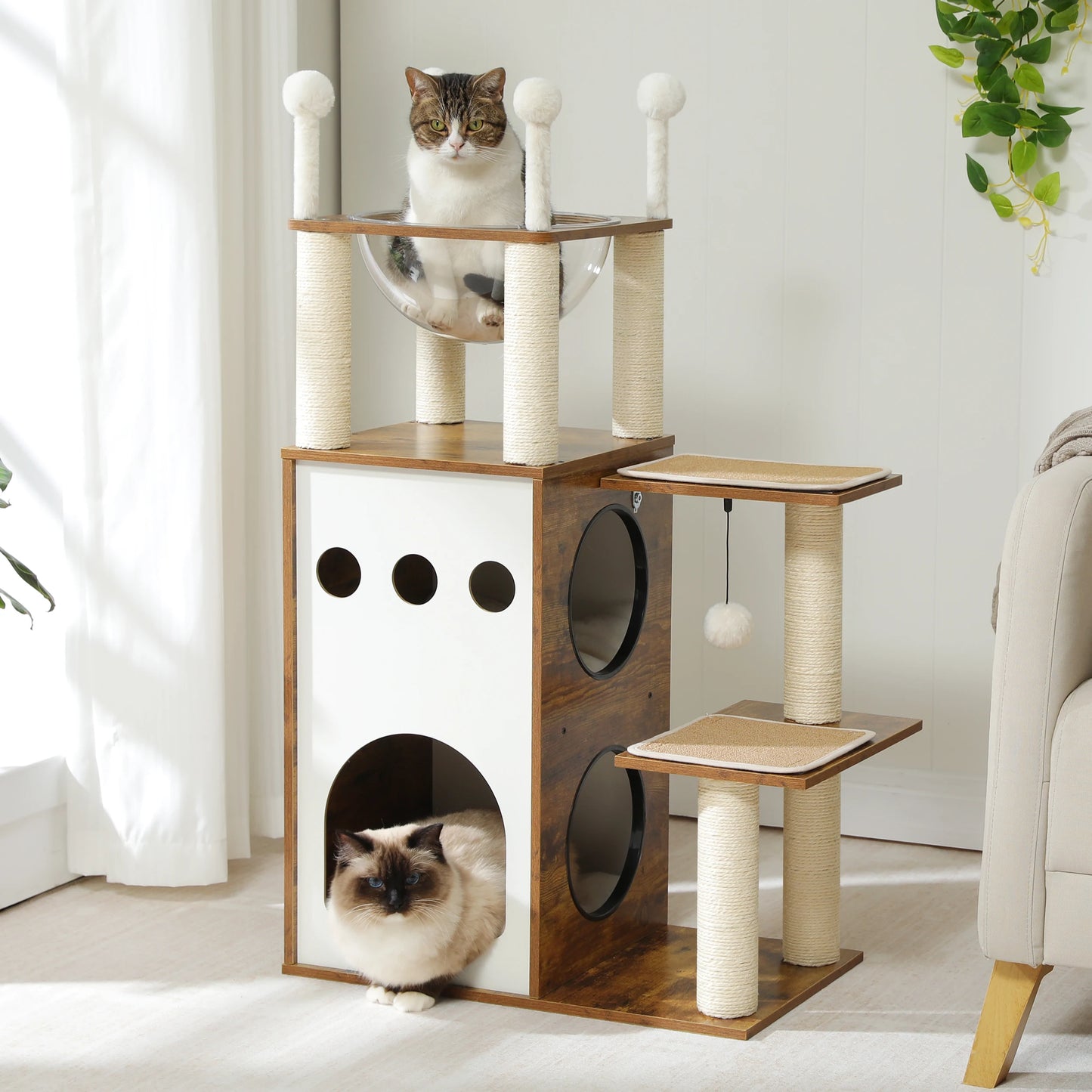 PETEPELA Modern Wooden Cat Tree Tower With Condo And Four Tiers Scratching Posts For Climbing And Lounging-A