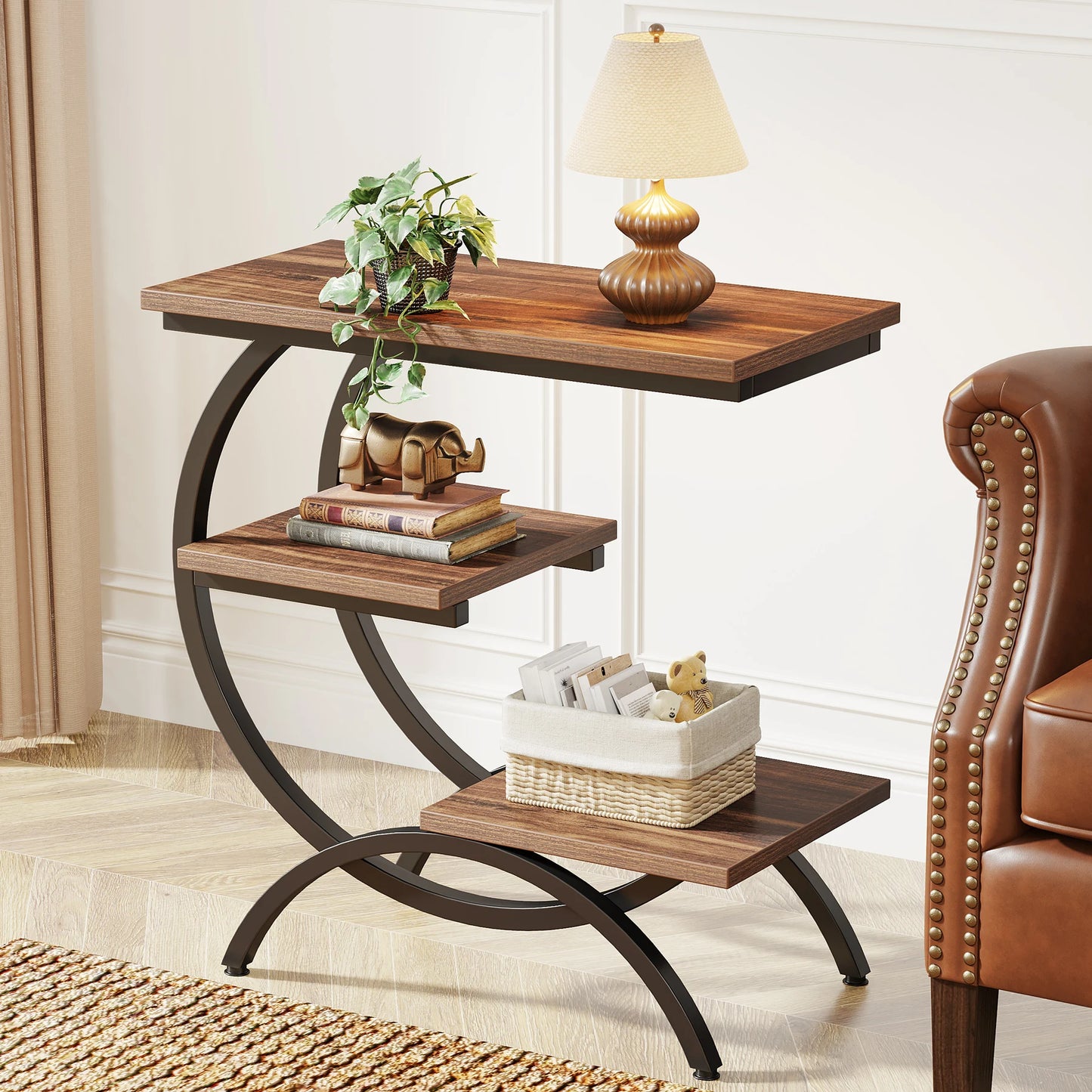 Tribesigns C Shaped End Table With 3 Tier Storage Shelves Rustic Brown Tabletop And Matte Black Metal Frame-A