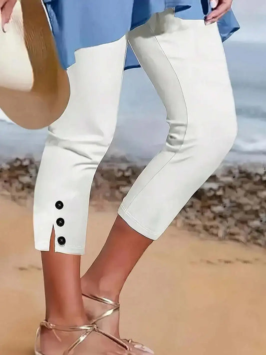 Womens Mid Rise Slim Fit Capri Pants With Decorative Buttons Stretch