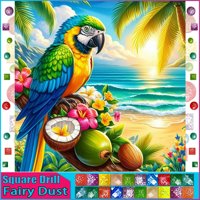 DiaPai Fairy Dust Diamond Painting Parrot Kit A 3D 5D Full Square and Round Drills No Frame Required-A