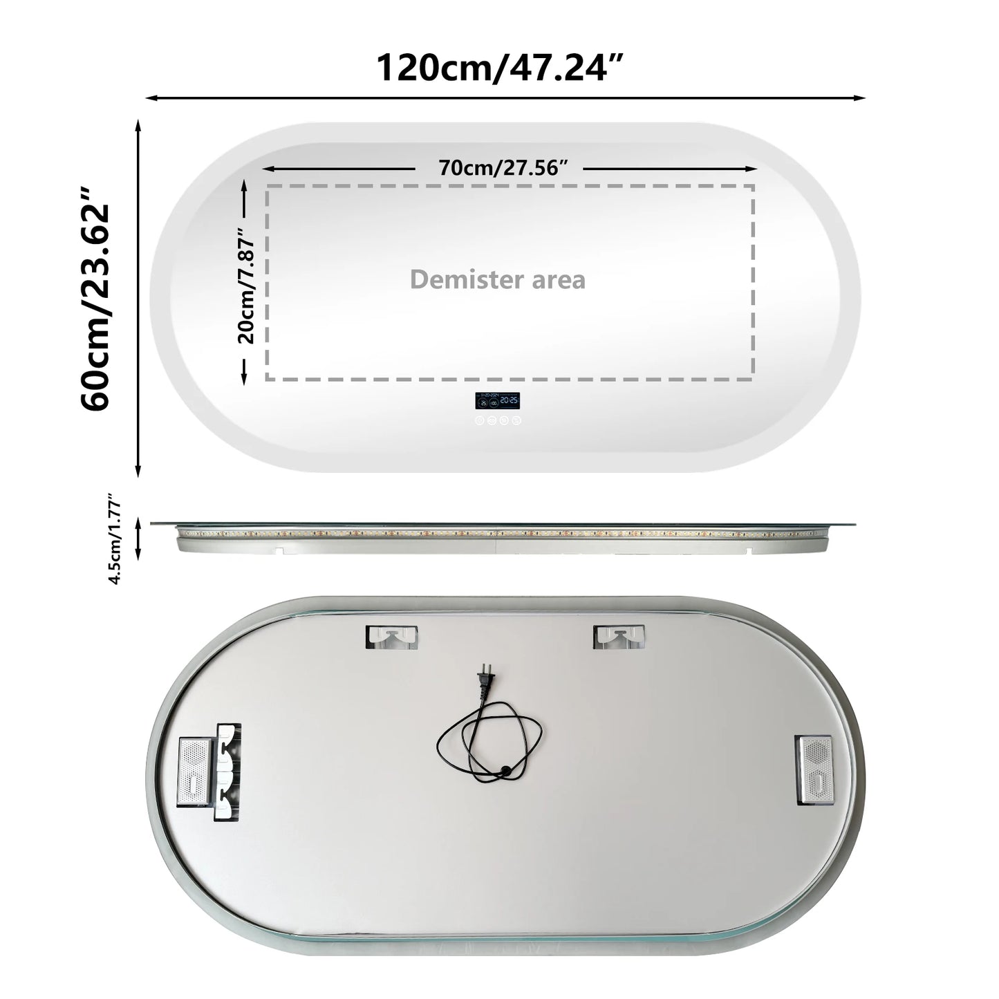 Oval LED Bathroom Mirror With Lights Anti Fog Bluetooth Speaker Dimmable 3 Color Temperature Levels Aluminum Frame-A