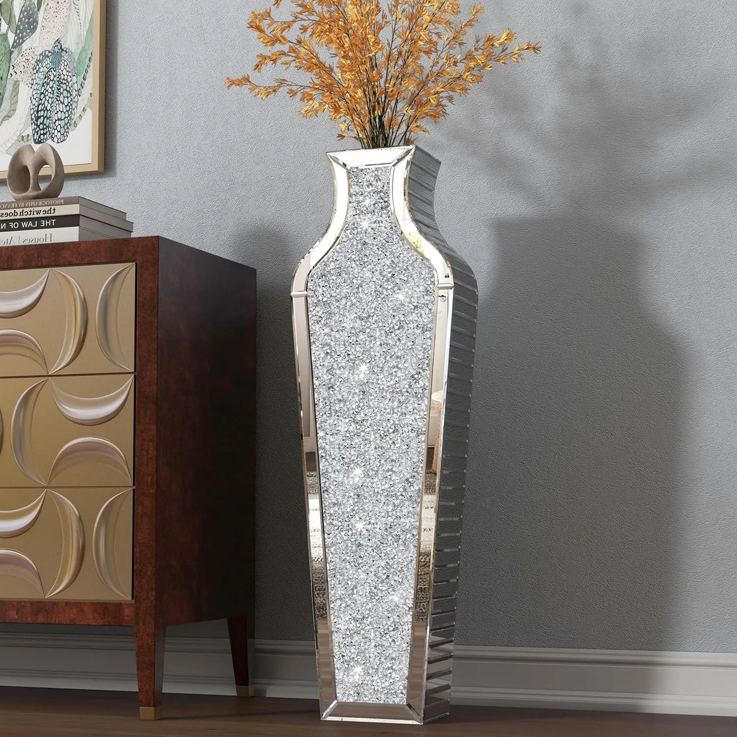 Crushed Diamond Mirrored Floor Vase For Pampas Grass Centerpiece Sparkle Glass Decor-A