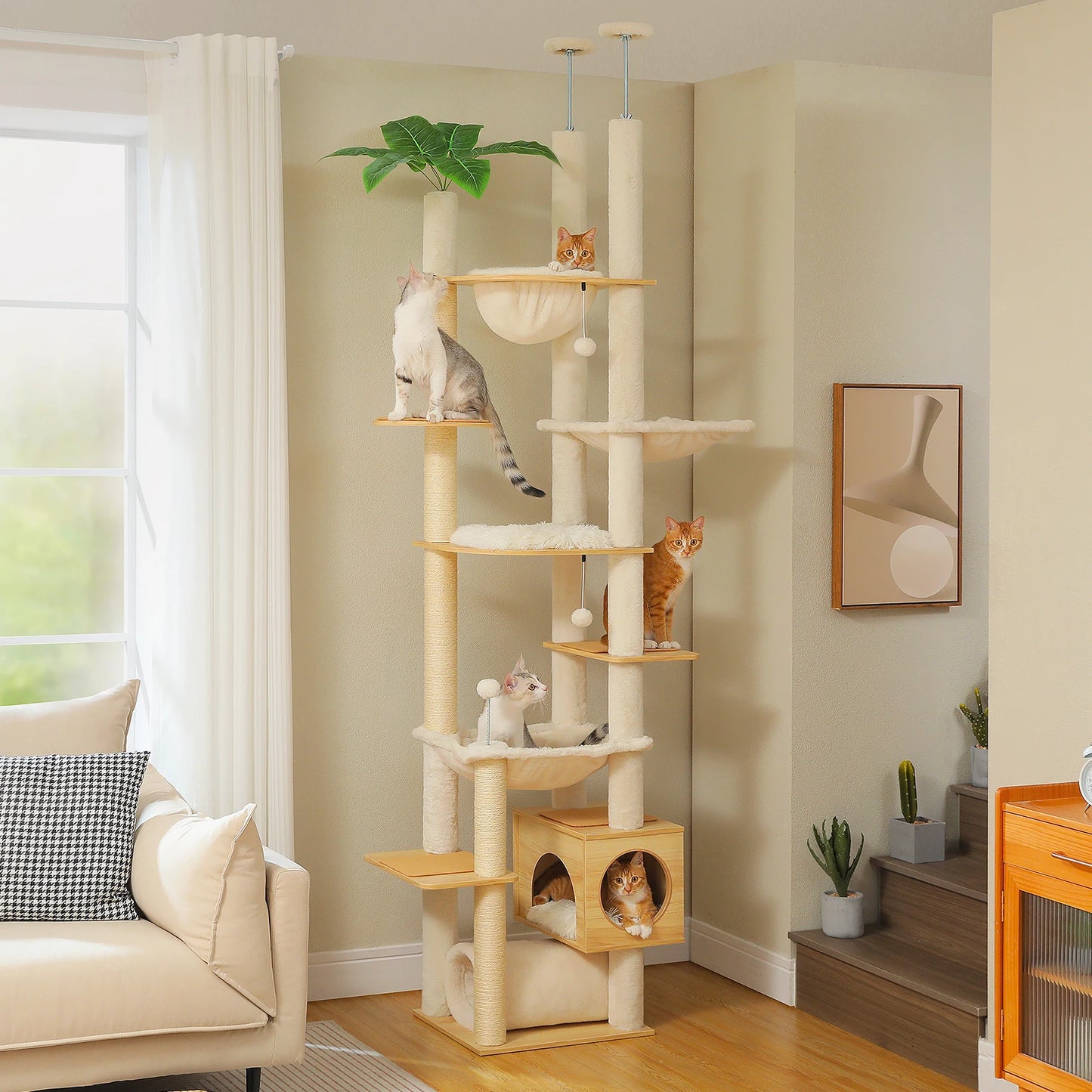 PAWZ Road Height Adjustable Wooden Cat Tree With Large Hammock For Indoor Cats And Multi Level Climbing-A