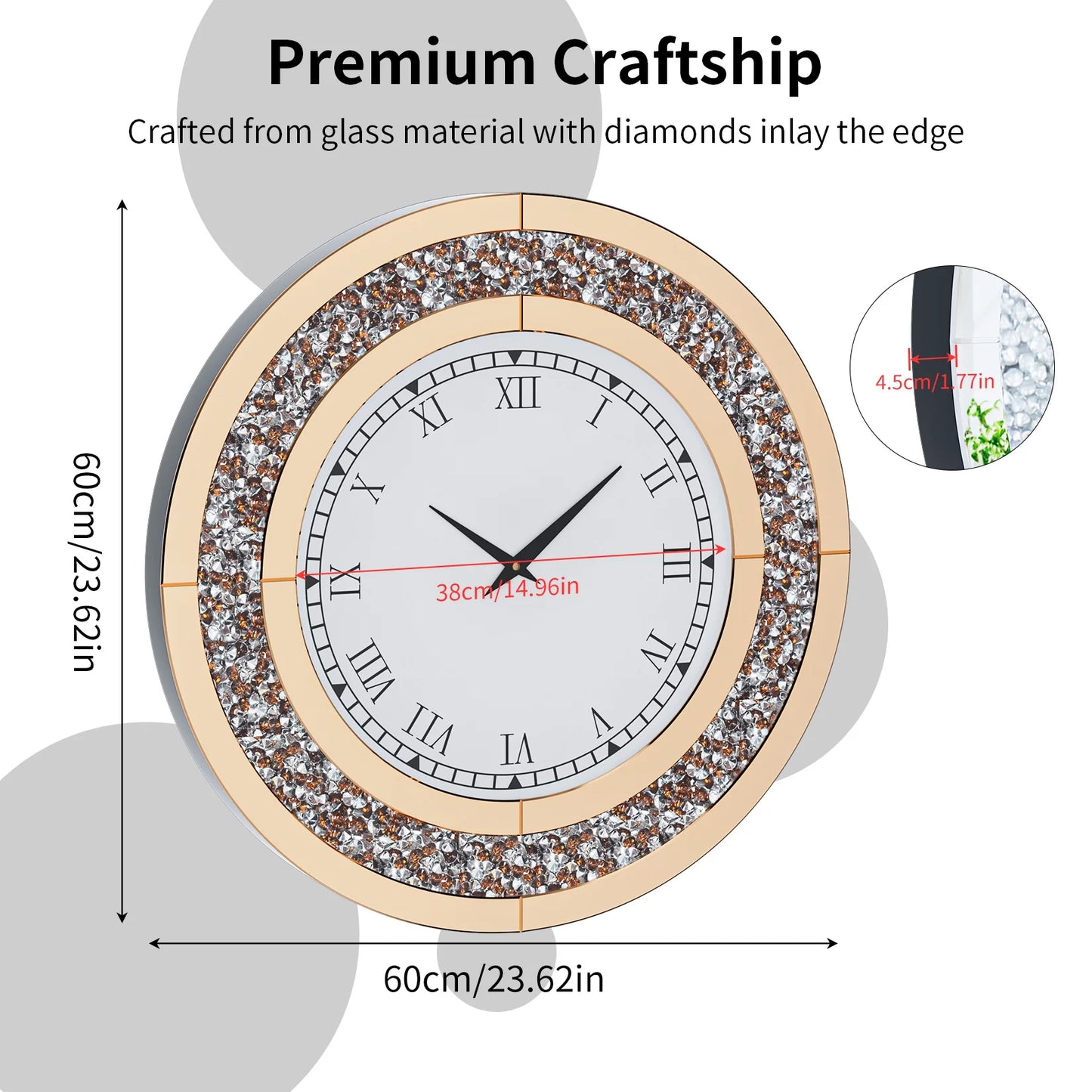 Crystal Sparkle Round Mirror Wall Clock With Beveled Edge Crushed Diamond Inlay And Roman Numerals For Living Room Decor-A