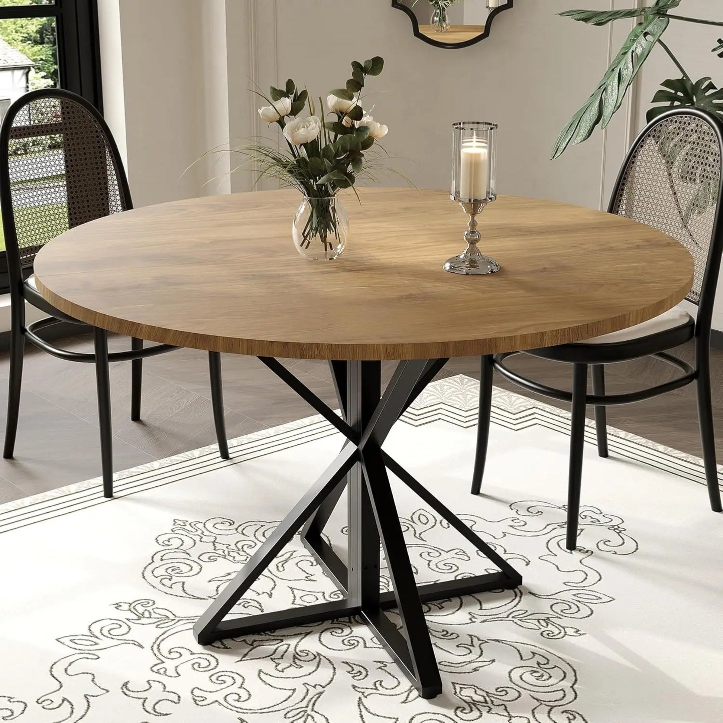 Twister CK Round Dining Table For Four With Wood Top And Metal Pedestal For Family Dinners And Games-A