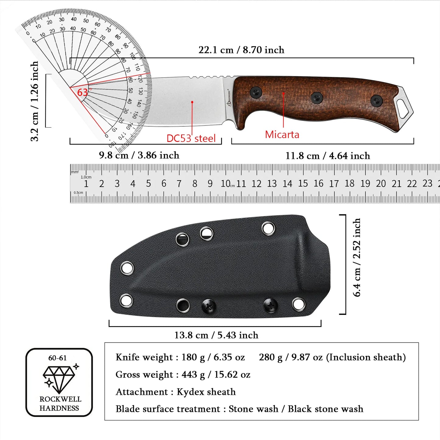DC53 Steel EDC Utility Knife With Micarta Handle And Kydex Sheath For Everyday Carry And Precision Cutting Model A-A