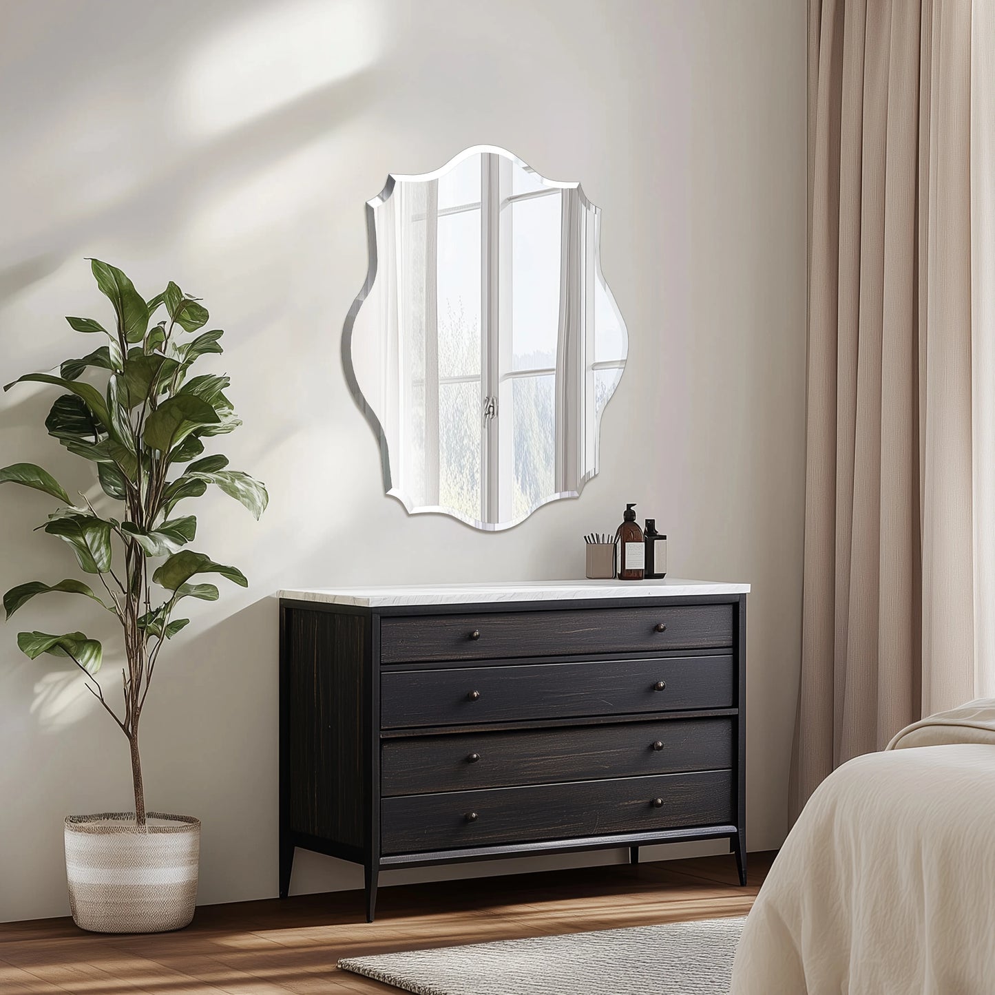 Wisfor Scalloped Frameless Wall Mirror With Beveled Edge Polished Finish For Bathroom Living Room Vanity Bedroom-A
