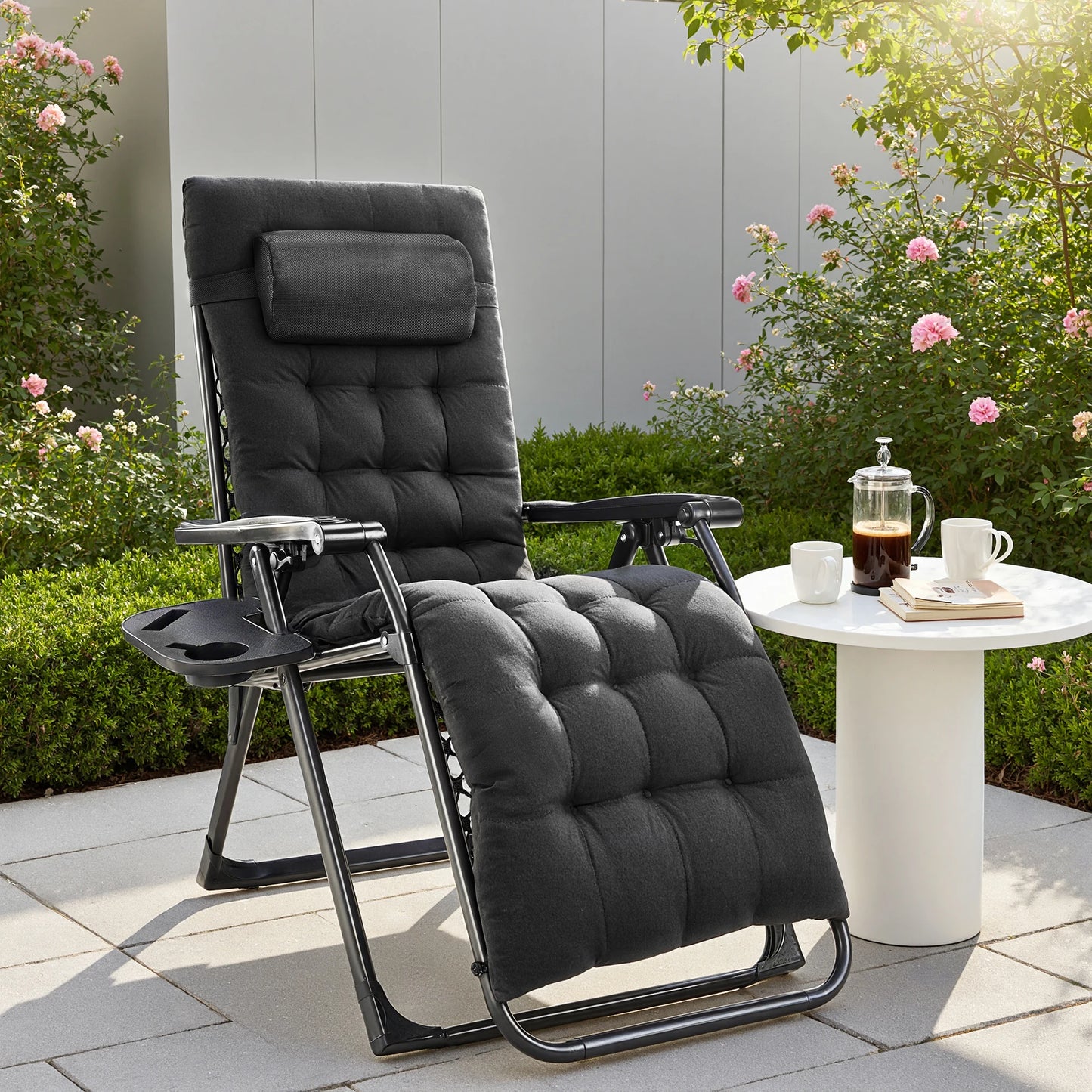 Zero Gravity Recliner Folding Outdoor Lounge Chair With Cup Holder Trays Sturdy Metal Frame Supports 440 Lbs For Camping-A