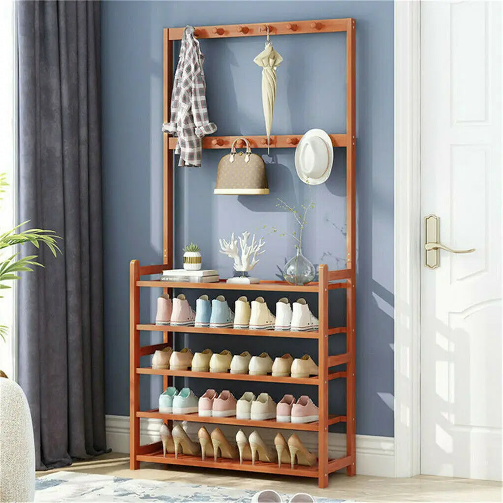 Coat Rack And Shoe Bench 3 In 1 Hall Tree With Vintage Bamboo MDF Finish For Entryway And 4 Tier Shoe Storage-A
