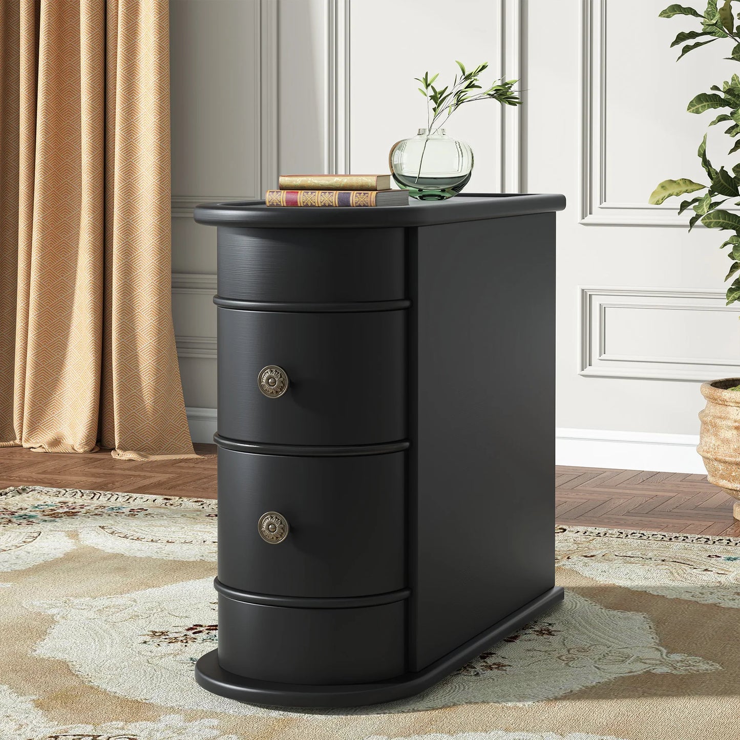 Tribesigns Round Solid Wood End Table With Two Sliding Drawers No Assembly Required Nightstand-A