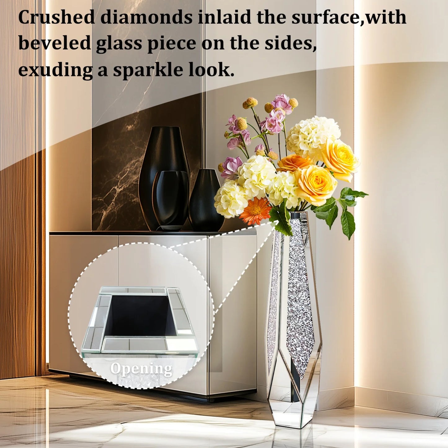 Crushed Diamond Mirrored Floor Vase For Pampas Grass Centerpiece Sparkle Glass Decor-A