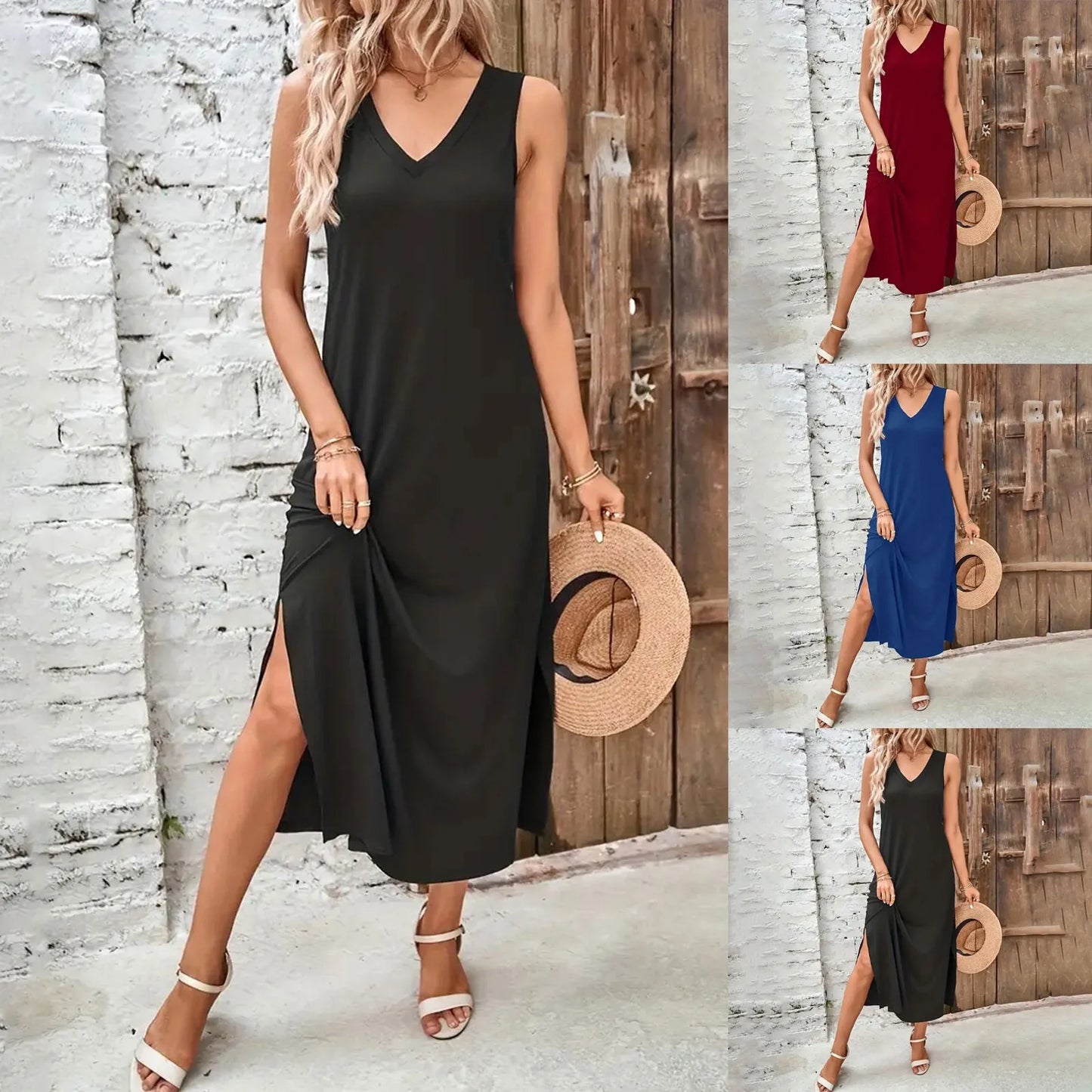 Women Sleeveless Camisole Maxi Dress Wrap With Slit Sundress For Summer Comfort And Style-A