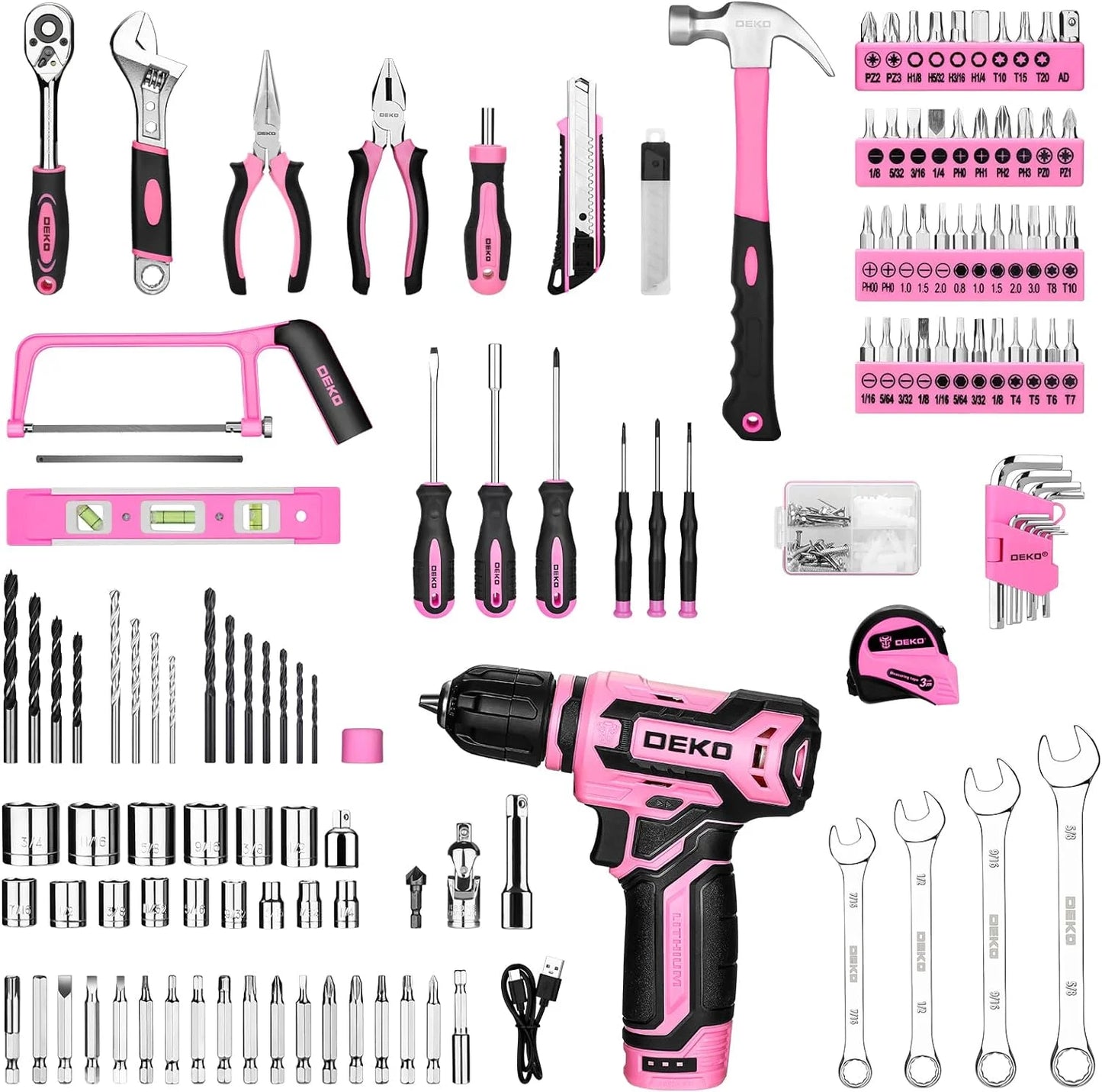 DEKO Home Mechanic Toolbox With 12V Cordless Drill Pink Portable Kit With 1.5Ah Battery-A