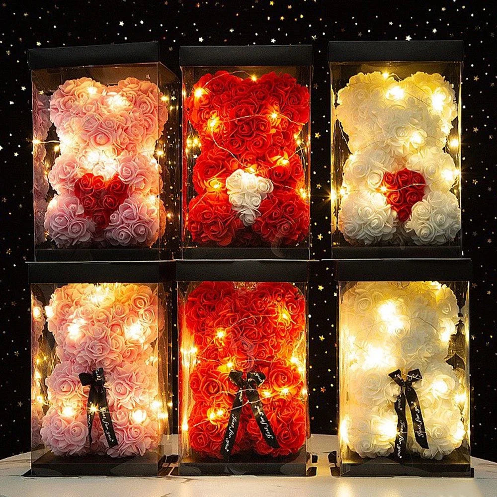 Artificial Teddy Rose Flower Bear With Box Eternal Rose Valentines Day Gift For Girlfriend-A