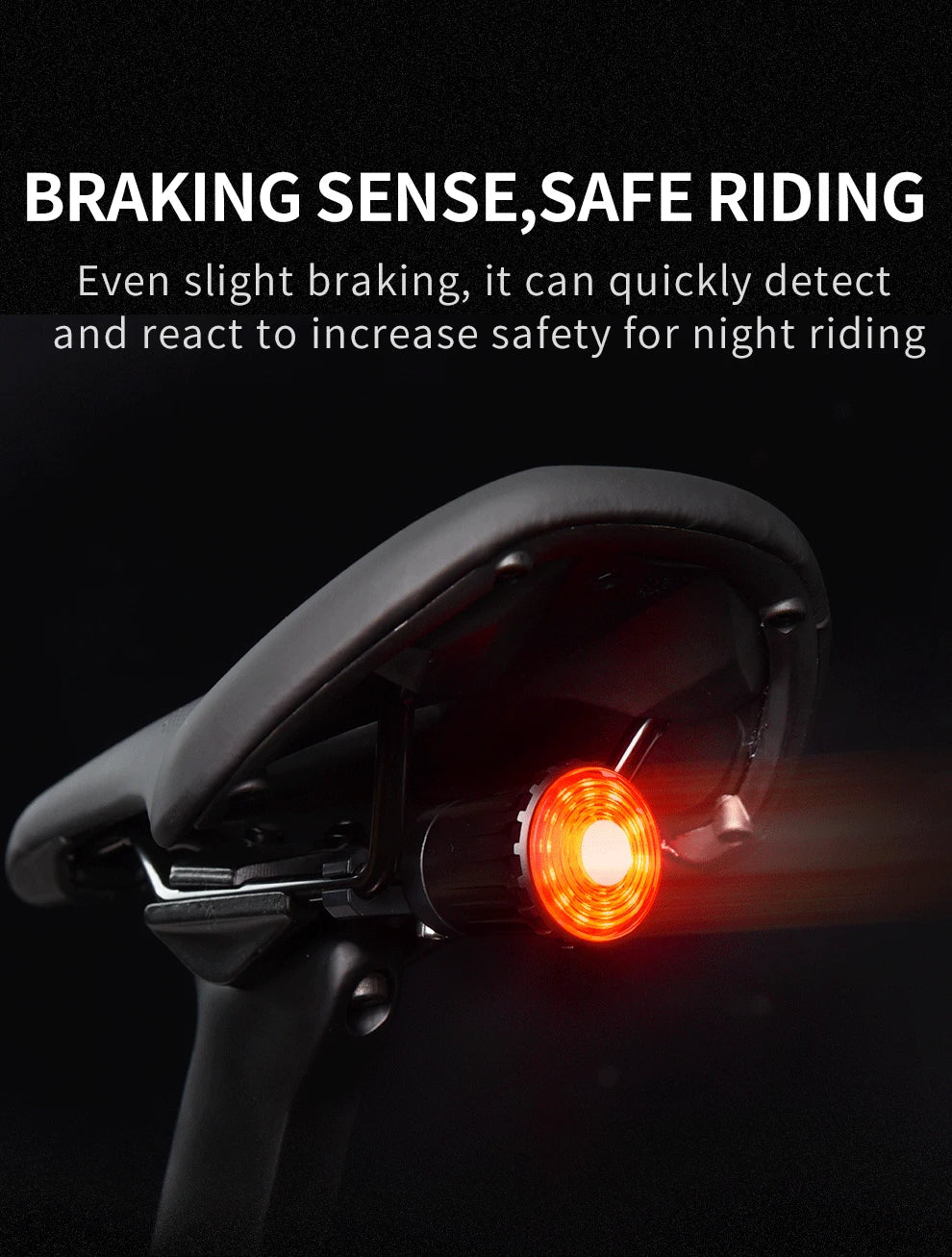 Smart Bicycle Brake Lights With Intelligent Sensing And Multiple Flash Modes Mounts On Saddle Rails For Enhanced Rear Visibility-A